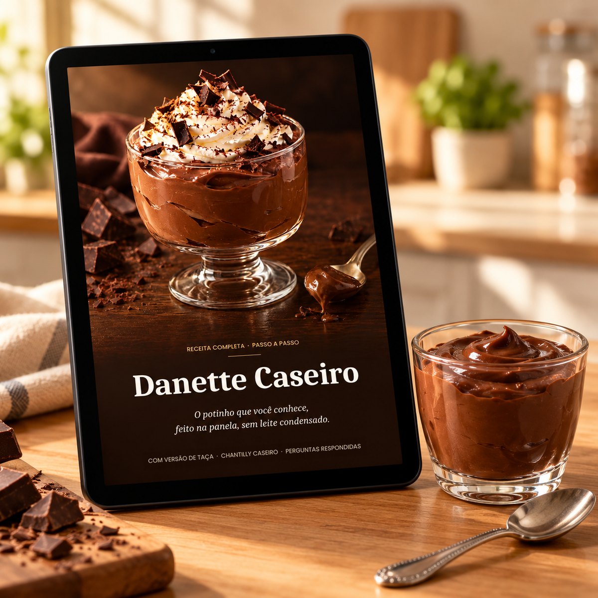 Capa do e-book Danette Caseiro em um tablet ao lado de um copo de creme de chocolate