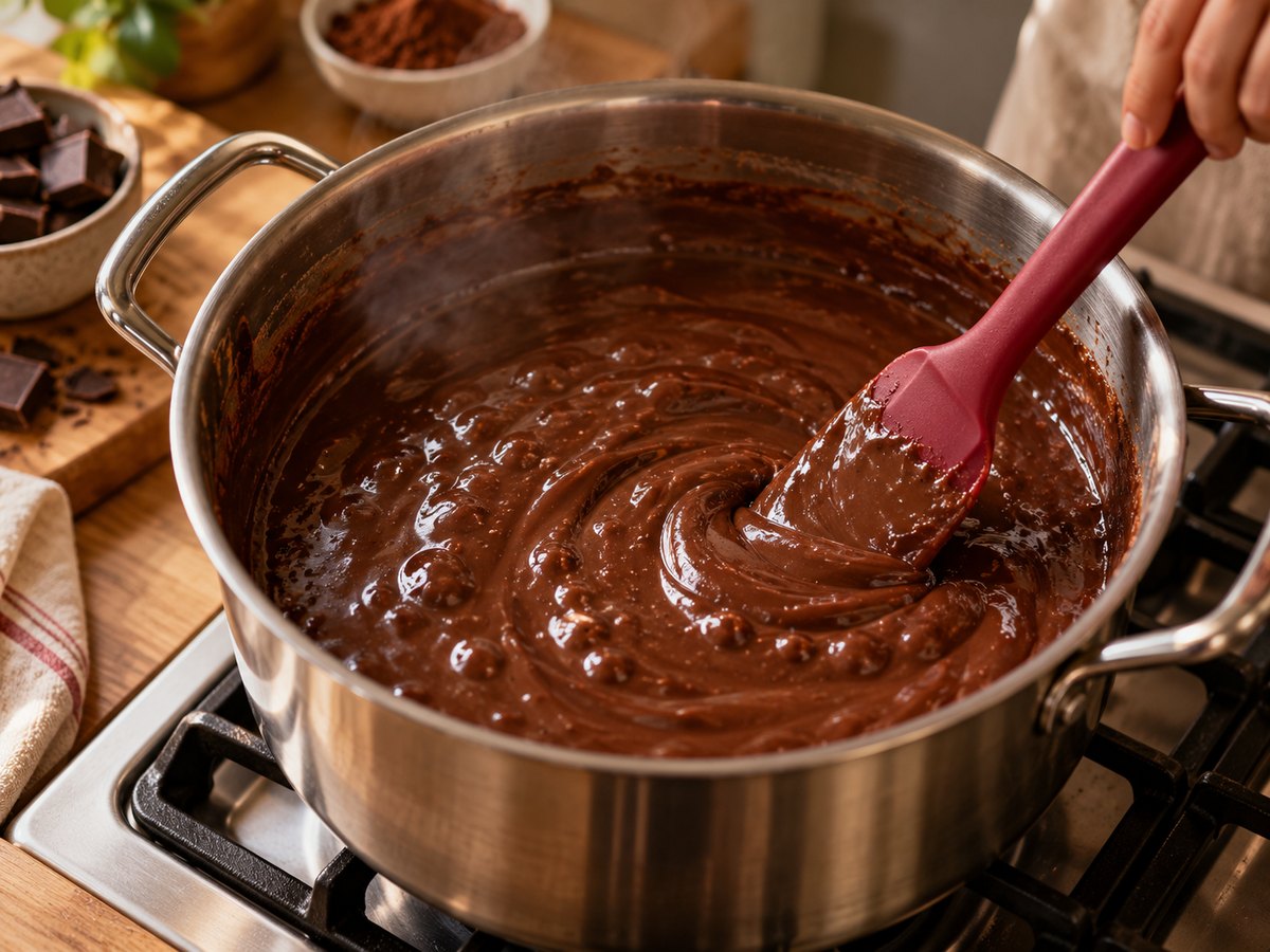 Panela com creme de chocolate espesso começando a formar bolhinhas, sendo mexido com espátula