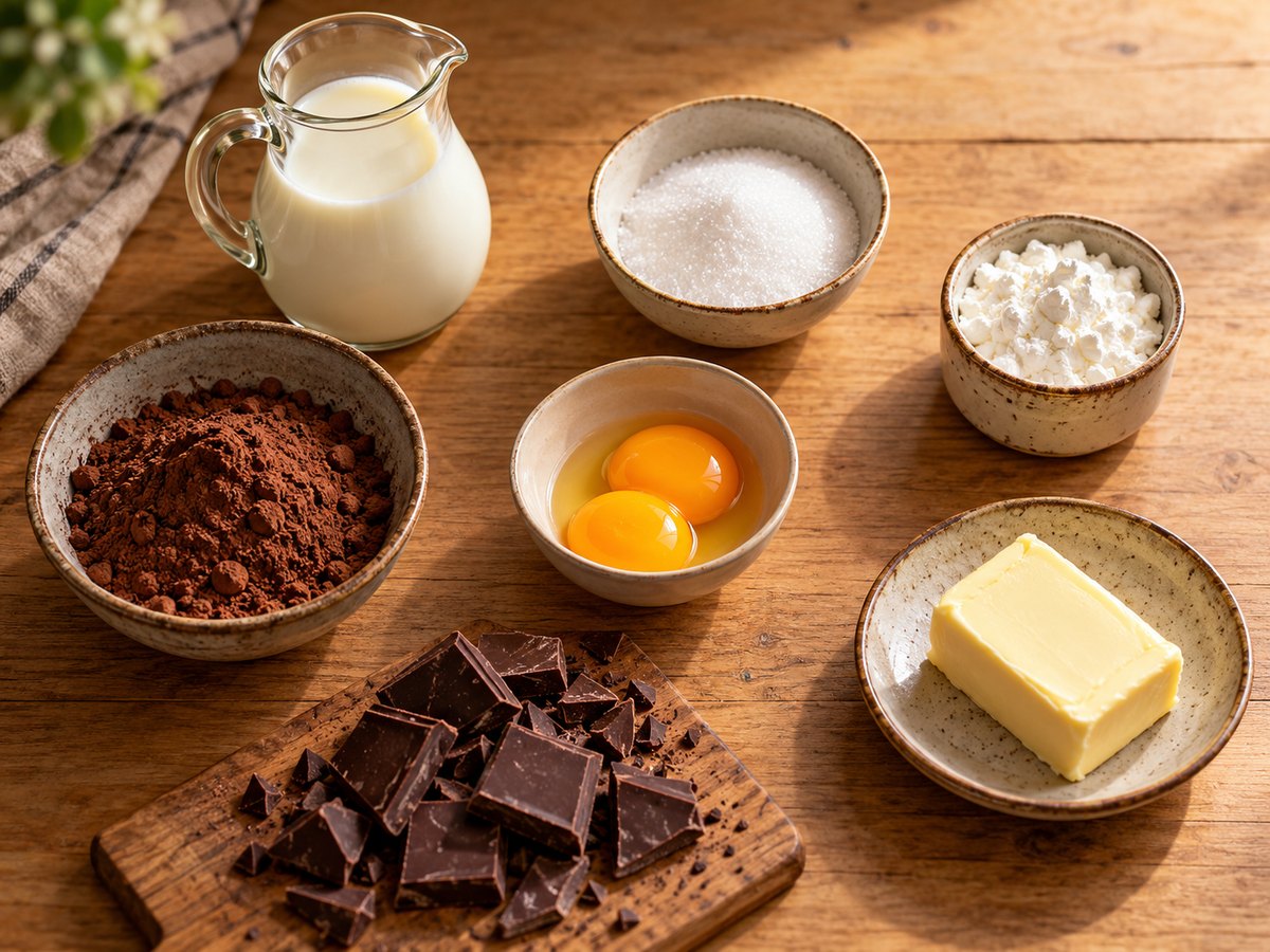 Os 7 ingredientes da receita sobre uma mesa de madeira: leite, açúcar, amido de milho, cacau, gemas, chocolate e manteiga