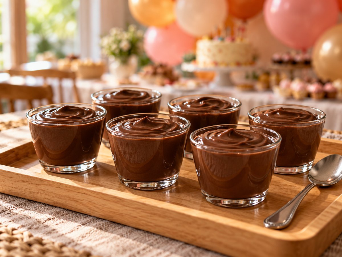 Bandeja com seis copinhos de creme de chocolate para uma festa