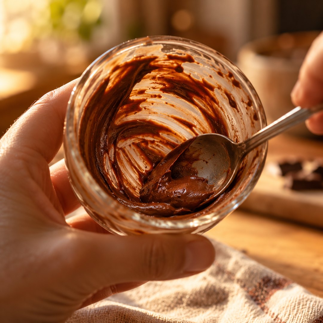 Colher raspando o fundo de um copinho com restos de creme de chocolate